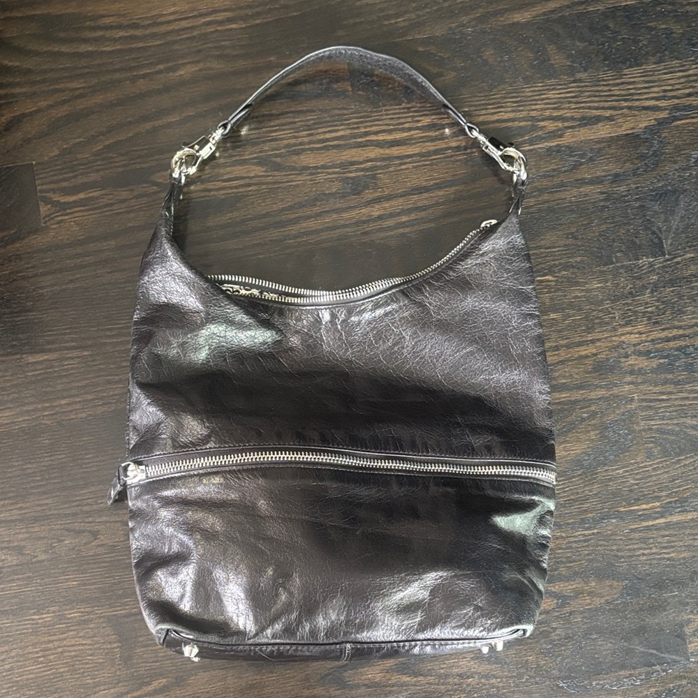 Hobo Black Leather Shoulder Bag with Chunky Silver Zipper Details